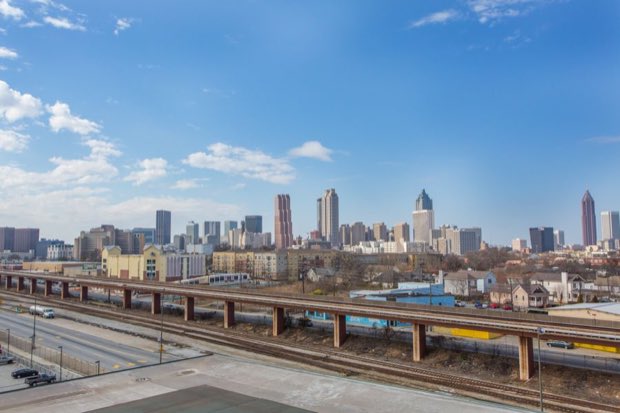 View across the rail corridor to the downtown Atlanta skyline
