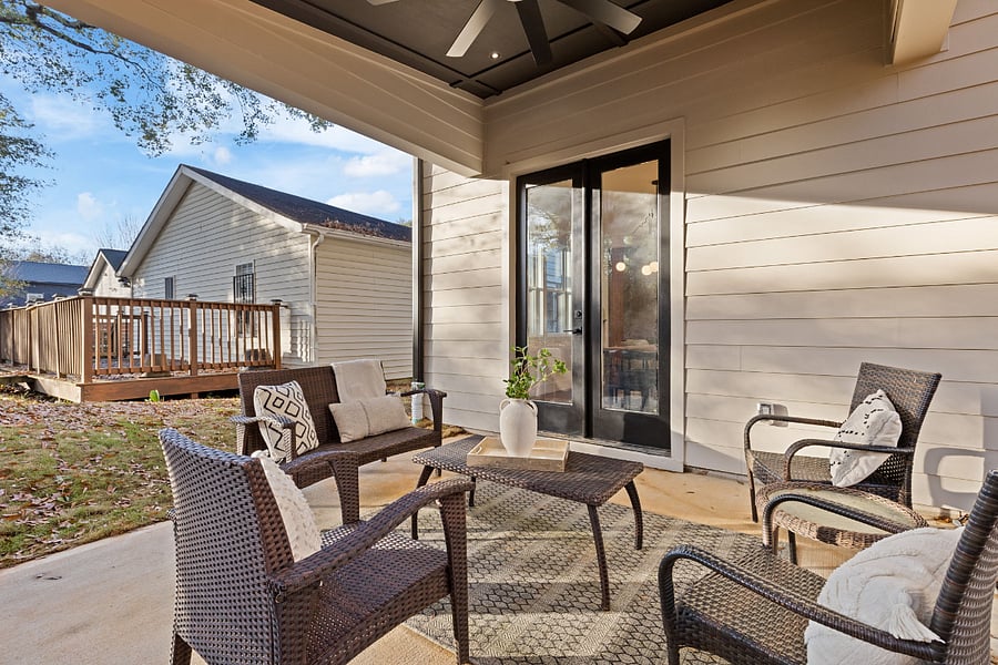 Covered patio with outdoor seating off the living area